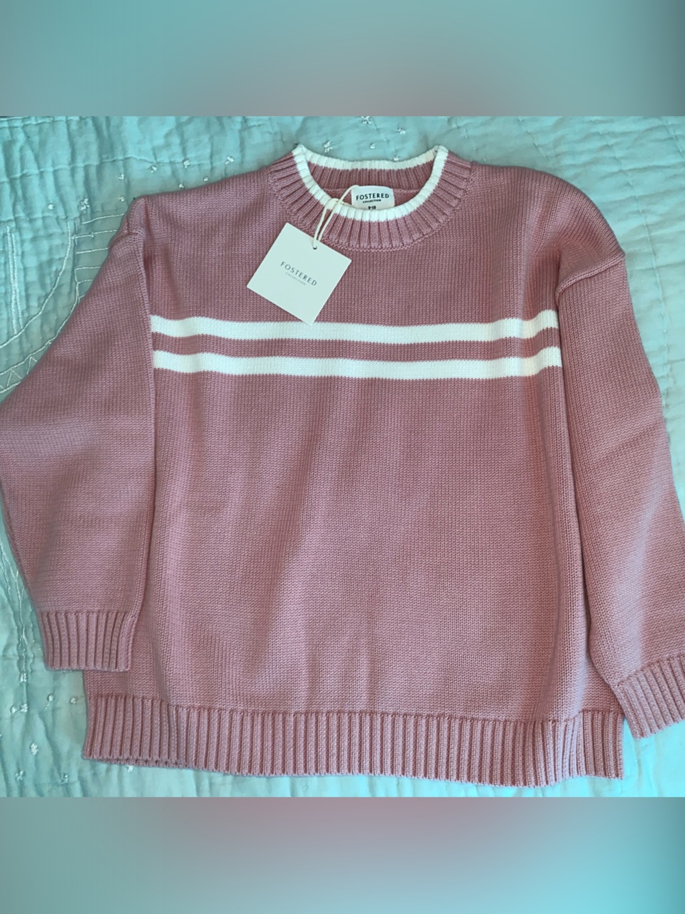 Fostered Pink Crewneck Sweater with White Chest Stripes